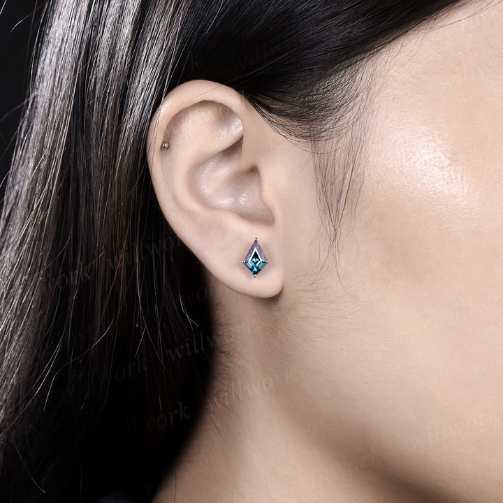 Kite cut alexandrite earrings solid 14k white gold June birthstone Solitaire drop earrings women