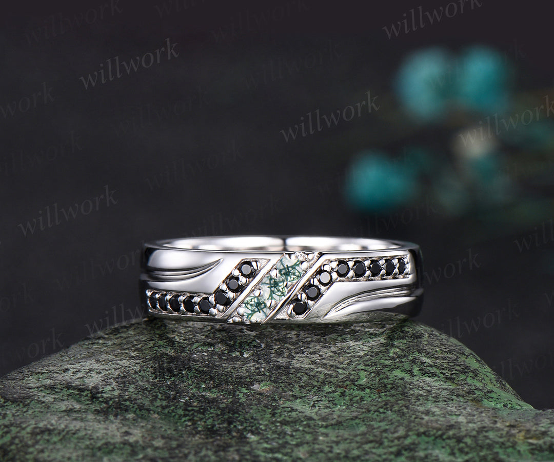 Unique Mens Moss Agate Wedding Band Round Cut Band 5mm Solid Gold Ring Mens Black Onyx Handsome Man Rings Matching Band Ring Gift