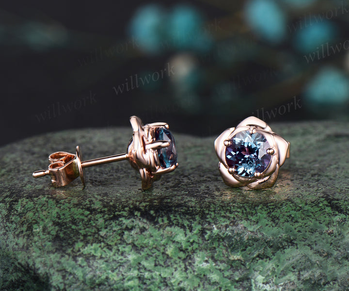Round cut alexandrite stud earrings14k rose gold Floral flower 5 prong earrings anniversary gift for women