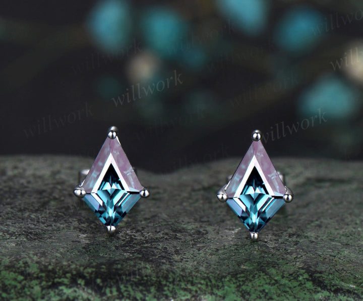 Kite cut alexandrite earrings solid 14k white gold June birthstone Solitaire drop earrings women