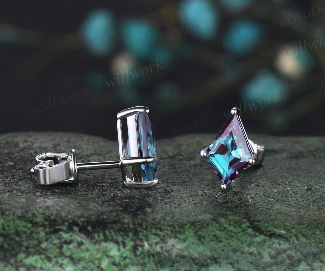 Kite cut alexandrite earrings solid 14k white gold June birthstone Solitaire drop earrings women