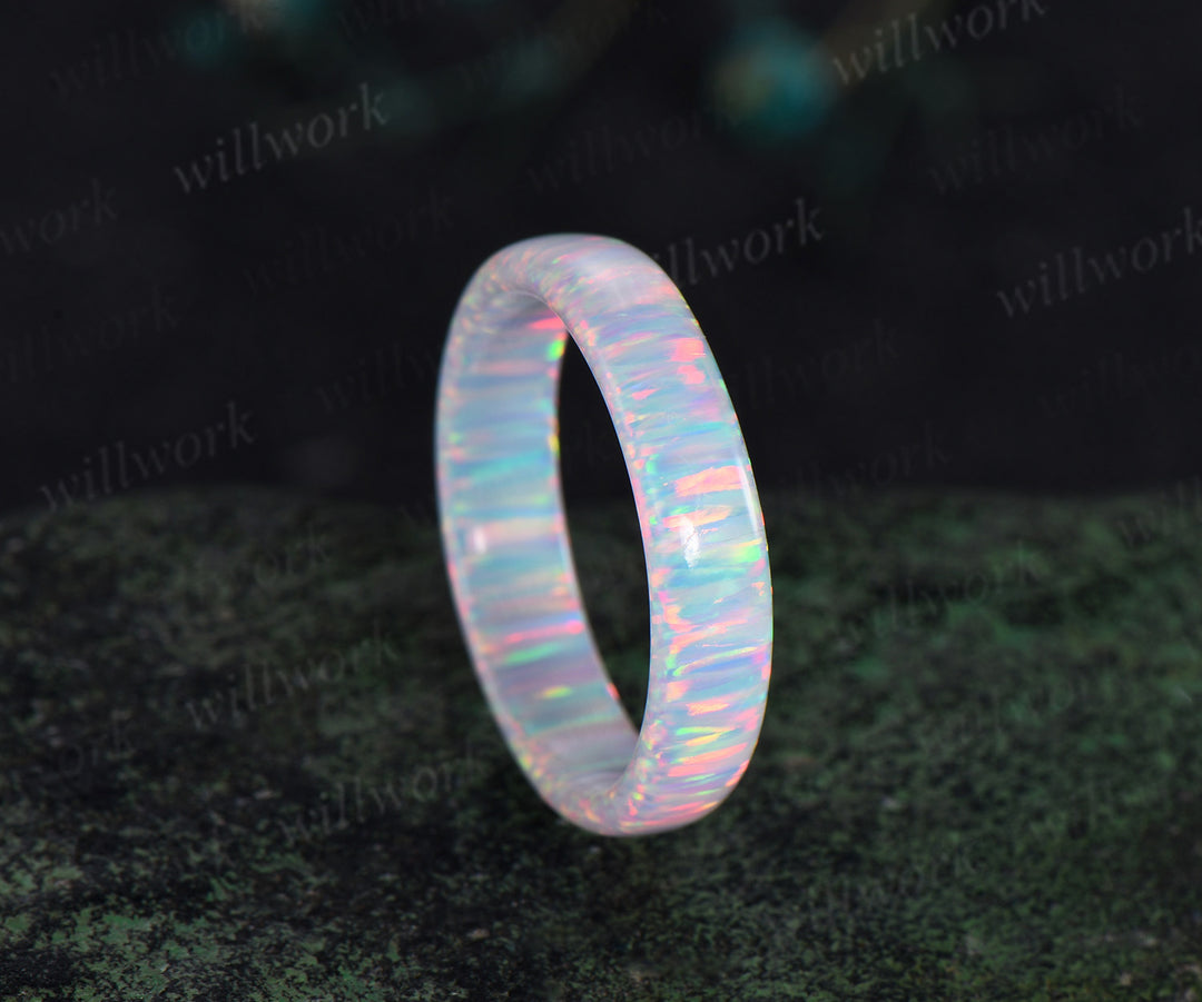 5mm White opal full eternity wedding band solitaire minimalist men band rough stone ring anniversary birthday gifts for him women