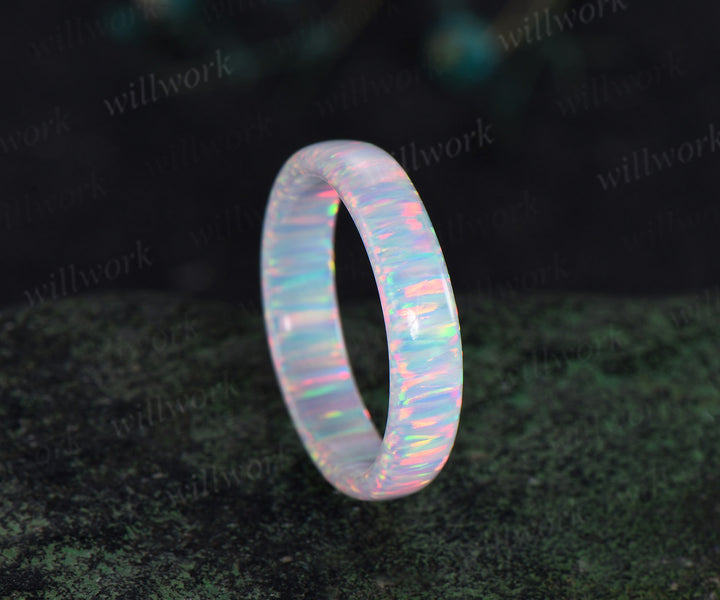 5mm White opal full eternity wedding band solitaire minimalist men band rough stone ring anniversary birthday gifts for him women