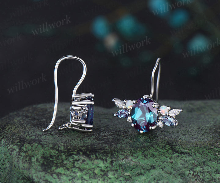 Oval cut alexandrite Stud Earrings white gold cluster opal moissanite Earrings women anniversary gifts