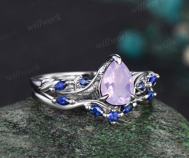Pear cut Lavender Amethyst engagement ring 14k white gold five stone leaf branch Nature inspired blue Sapphire bridal ring set women gift