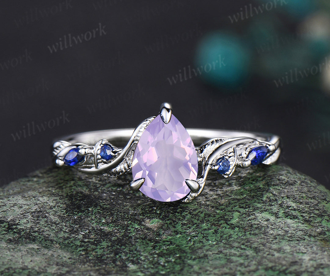 Pear cut Lavender Amethyst engagement ring 14k white gold five stone leaf branch Nature inspired blue Sapphire bridal ring set women gift