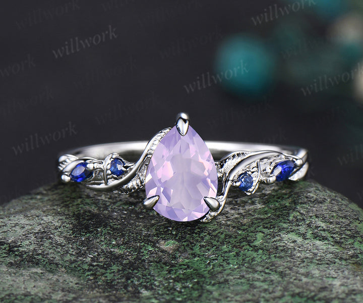 Pear cut Lavender Amethyst engagement ring 14k white gold five stone leaf branch Nature inspired blue Sapphire bridal ring set women gift