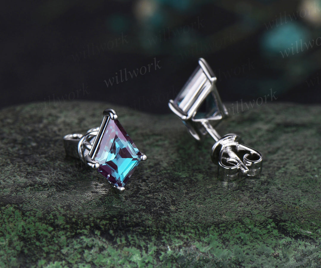 Kite cut alexandrite earrings solid 14k white gold June birthstone Solitaire drop earrings women