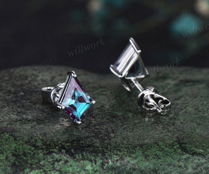 Kite cut alexandrite earrings solid 14k white gold June birthstone Solitaire drop earrings women
