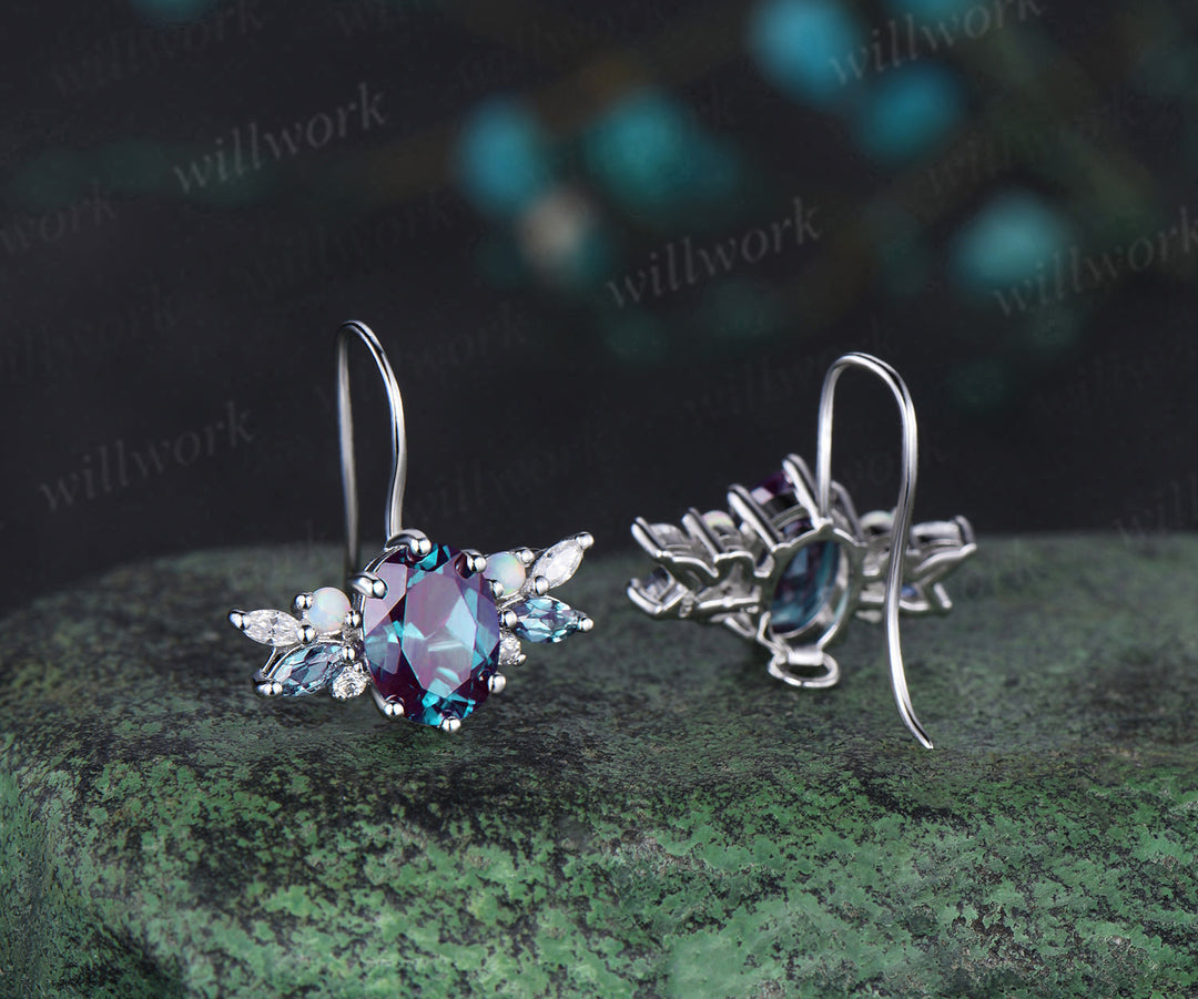 Oval cut alexandrite Stud Earrings white gold cluster opal moissanite Earrings women anniversary gifts