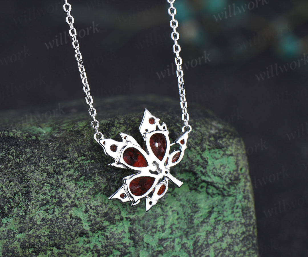 Pear garnet maple leaf pendant nature inspired 14k white gold/sterling silver necklace graduation birthday gifts for women