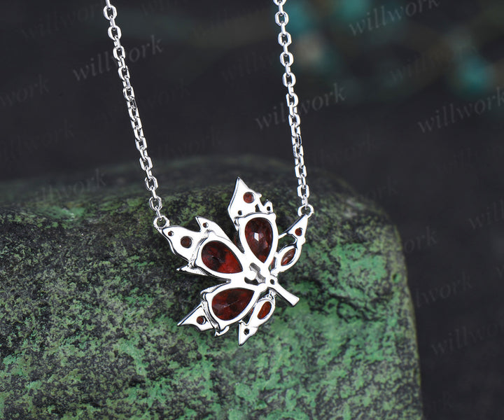 Pear garnet maple leaf pendant nature inspired 14k white gold/sterling silver necklace graduation birthday gifts for women