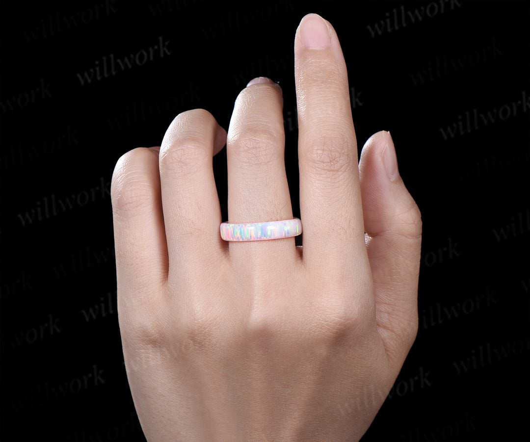5mm White opal full eternity wedding band solitaire minimalist men band rough stone ring anniversary birthday gifts for him women