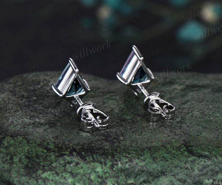 Kite cut alexandrite earrings solid 14k white gold June birthstone Solitaire drop earrings women