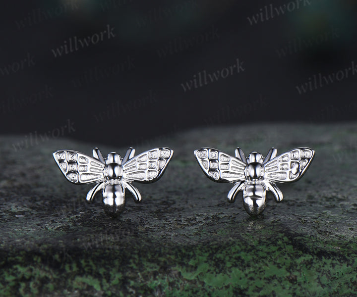 Cute bee stud earrings nature-inspired solid 14k white gold piercing earrings unique insect jewelry gifts for her