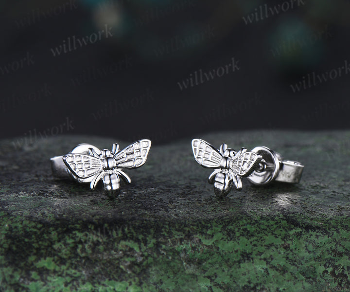Cute bee stud earrings nature-inspired solid 14k white gold piercing earrings unique insect jewelry gifts for her