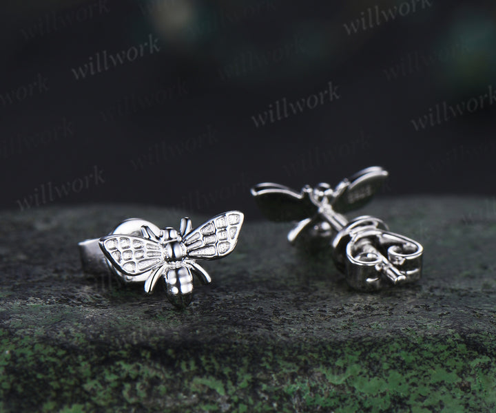 Cute bee stud earrings nature-inspired solid 14k white gold piercing earrings unique insect jewelry gifts for her
