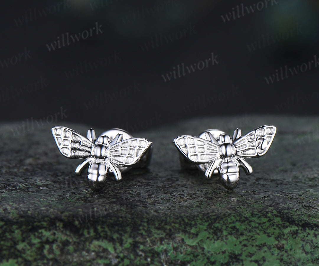 Cute bee stud earrings nature-inspired solid 14k white gold piercing earrings unique insect jewelry gifts for her