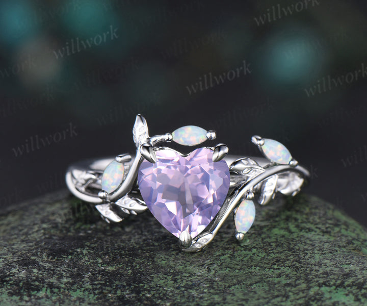 Vintage heart Lavender amethyst engagement ring white gold leaf branch opal nature inspired ring anniversary birthday gifts
