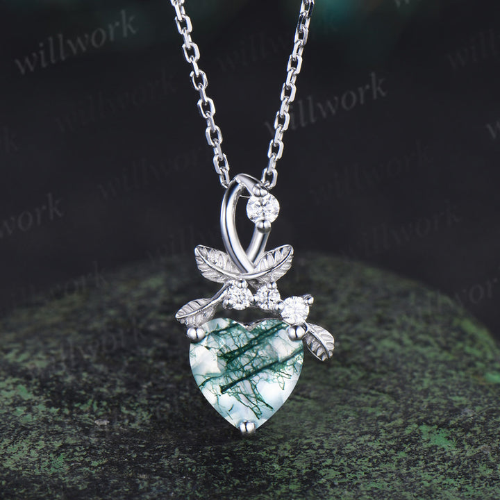 Heart cut natural moss agate necklace white gold leaf nature inspired pendant bridal jewelry