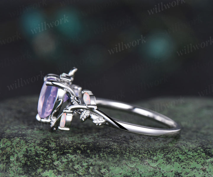 Vintage heart Lavender amethyst engagement ring white gold leaf branch opal nature inspired ring anniversary birthday gifts