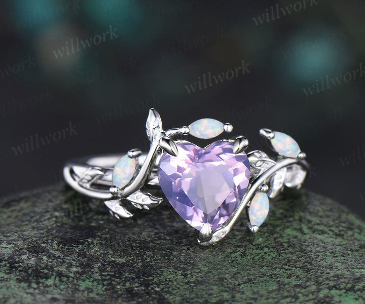 Vintage heart Lavender amethyst engagement ring white gold leaf branch opal nature inspired ring anniversary birthday gifts