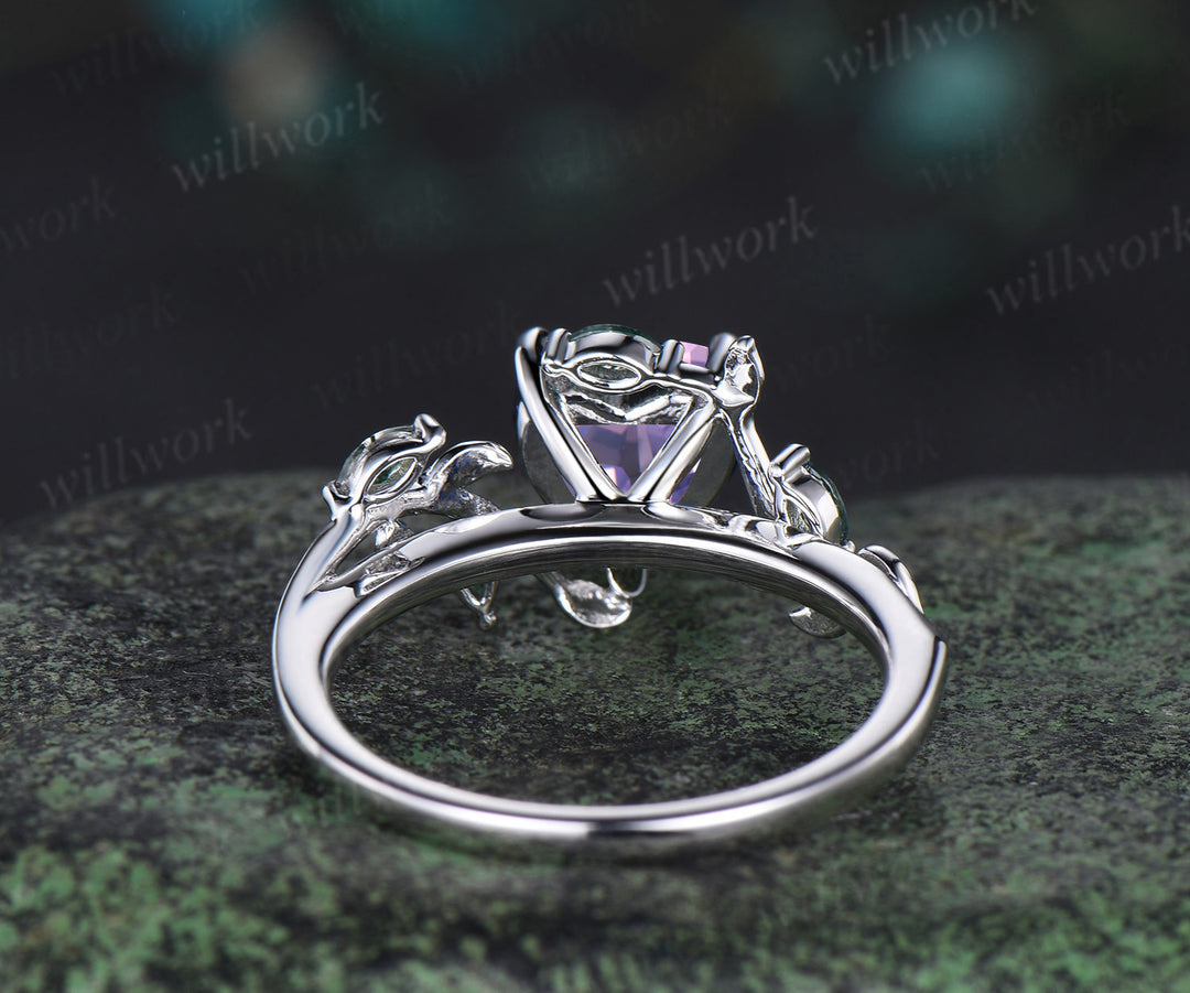 Vintage heart Lavender amethyst engagement ring white gold leaf branch opal nature inspired ring anniversary birthday gifts