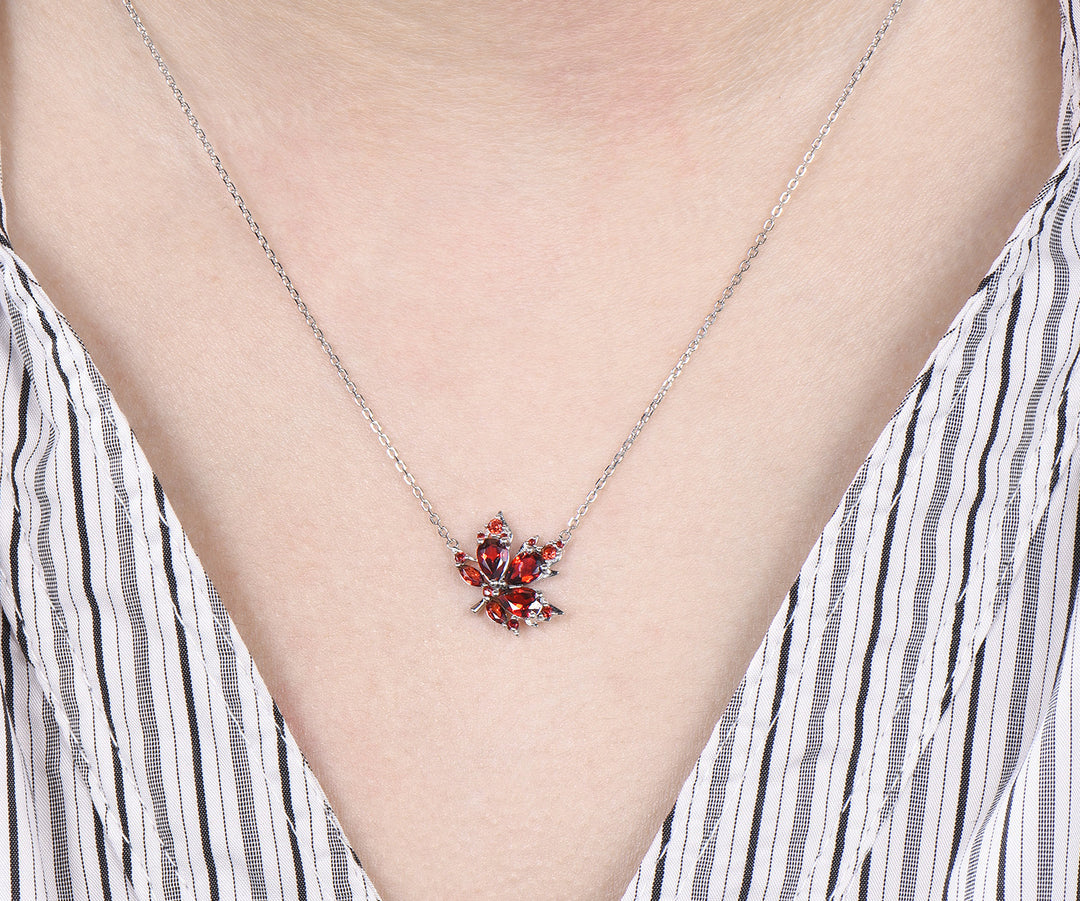 Pear garnet maple leaf pendant nature inspired 14k white gold/sterling silver necklace graduation birthday gifts for women