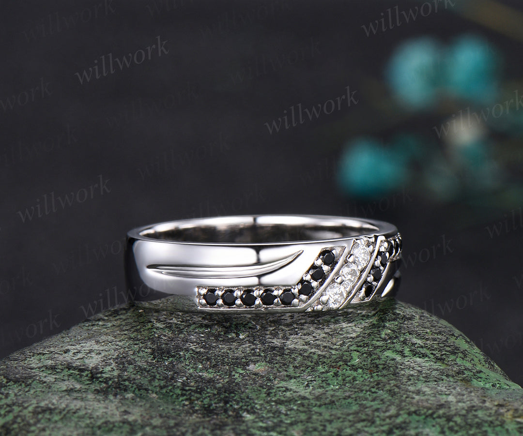 Unique Mens Moissanite Wedding Band Round Cut Band 5mm Solid Gold Ring Mens Black Onyx Handsome Man Rings Matching Band Ring Gift