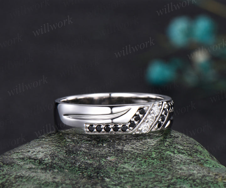 Unique Mens Moissanite Wedding Band Round Cut Band 5mm Solid Gold Ring Mens Black Onyx Handsome Man Rings Matching Band Ring Gift