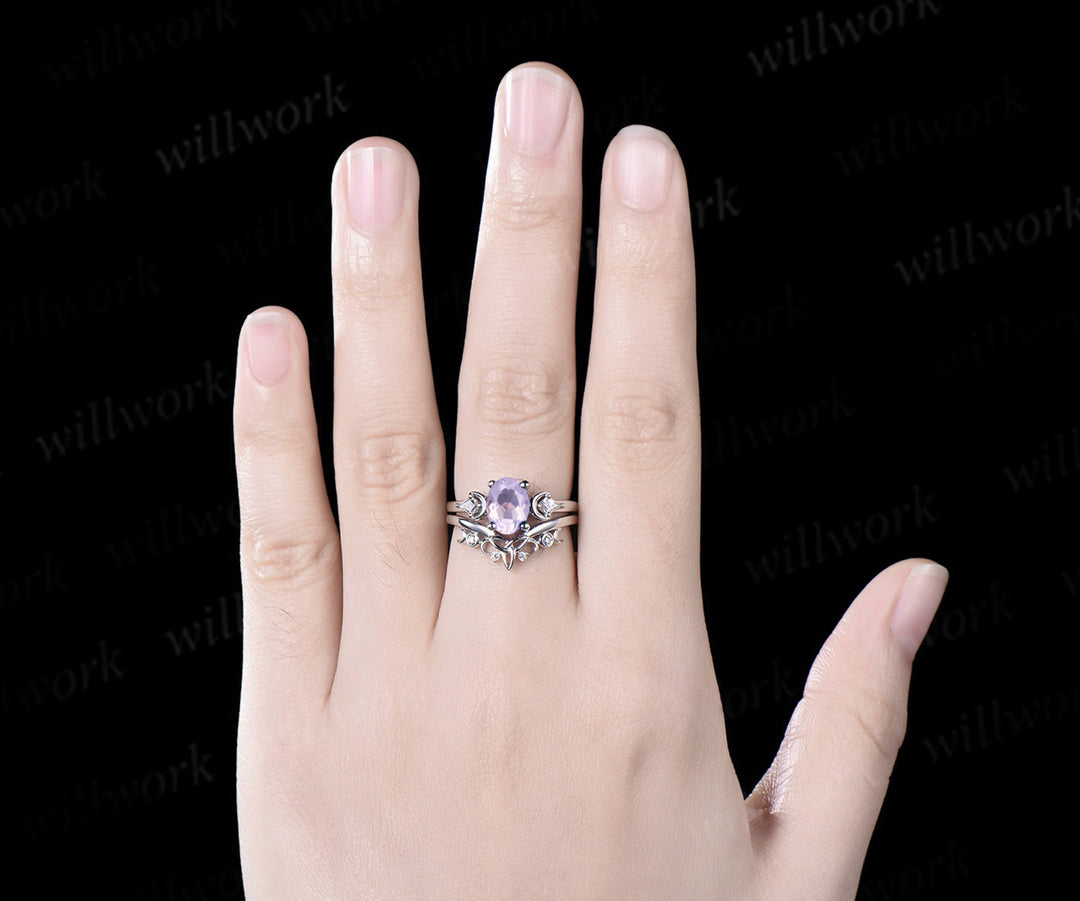 Oval Cut Lavender Amethyst Engagement Ring Set Unique Moissanite Celtic Knot Moon Wedding Band Art Deco Healing Jewelry 2pcs Bridal Ring Set