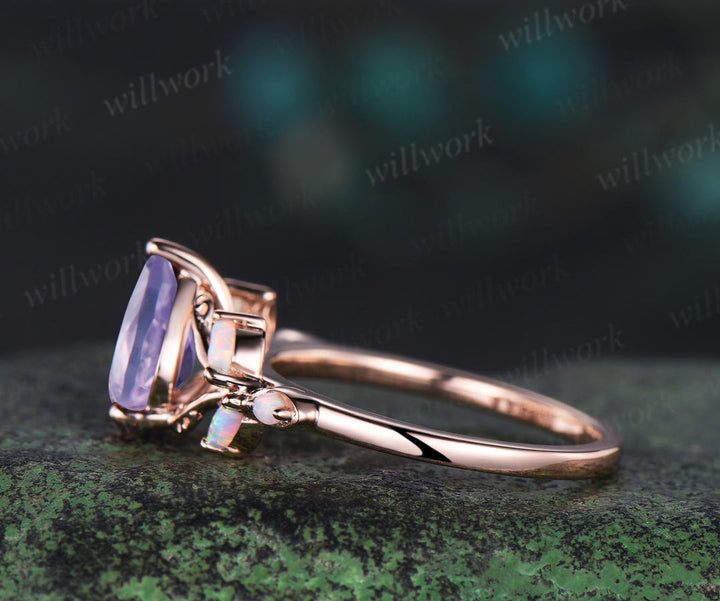 Pear cut lavender amethyst engagement ring 14k rose gold leaf marquise opal ring unique spilt shank bridal ring jewelry gifts