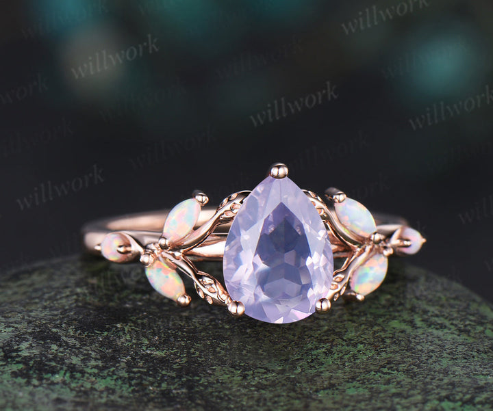 Pear cut lavender amethyst engagement ring 14k rose gold leaf marquise opal ring unique spilt shank bridal ring jewelry gifts