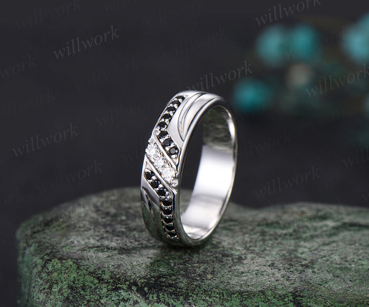Unique Mens Moissanite Wedding Band Round Cut Band 5mm Solid Gold Ring Mens Black Onyx Handsome Man Rings Matching Band Ring Gift