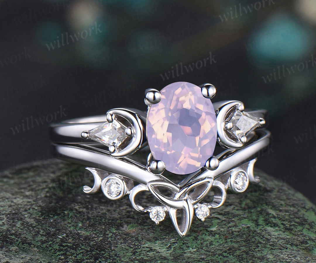 Oval Cut Lavender Amethyst Engagement Ring Set Unique Moissanite Celtic Knot Moon Wedding Band Art Deco Healing Jewelry 2pcs Bridal Ring Set
