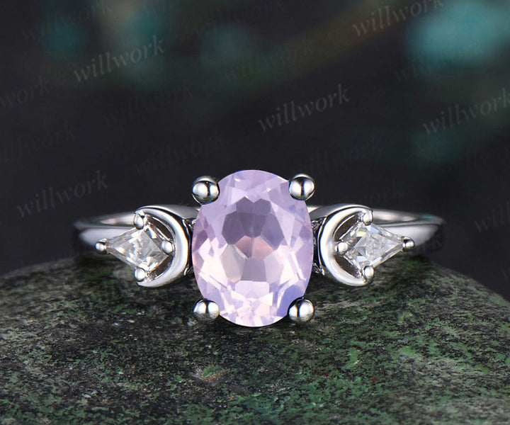 Oval Cut Lavender Amethyst Engagement Ring Set Unique Moissanite Celtic Knot Moon Wedding Band Art Deco Healing Jewelry 2pcs Bridal Ring Set