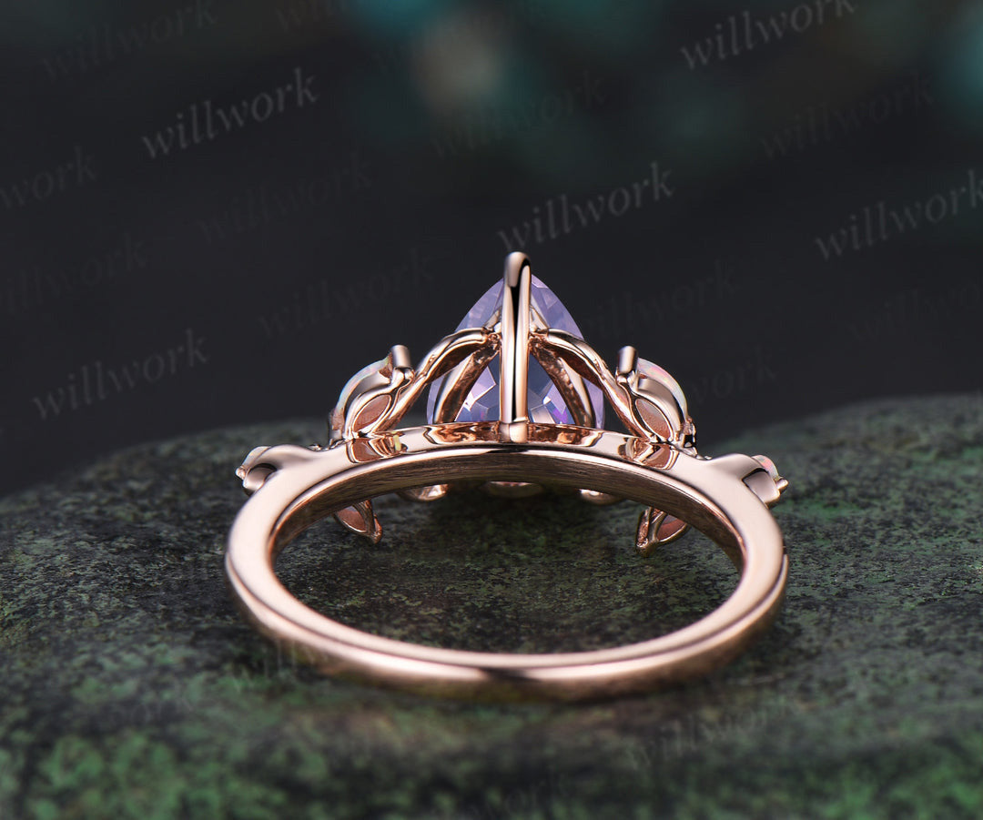 Pear cut lavender amethyst engagement ring 14k rose gold leaf marquise opal ring unique spilt shank bridal ring jewelry gifts