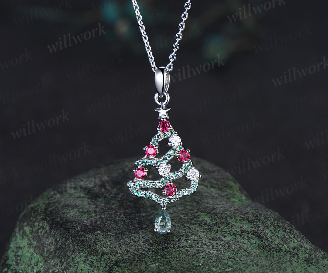 Pear Cut Alexandrite Necklace Ruby Emerald Moissanite Christmas Tree Pendant Xmas Gift for Women