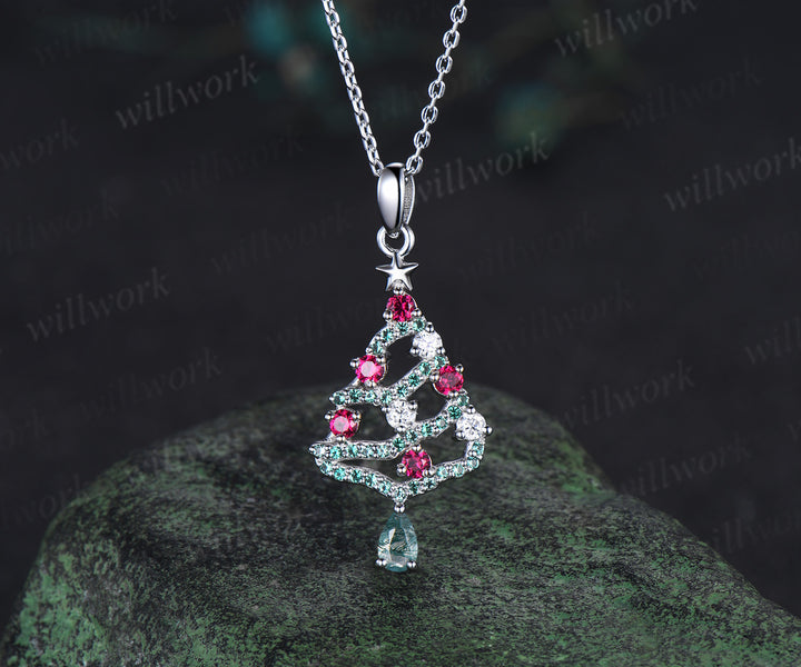 Pear Cut Alexandrite Necklace Ruby Emerald Moissanite Christmas Tree Pendant Xmas Gift for Women