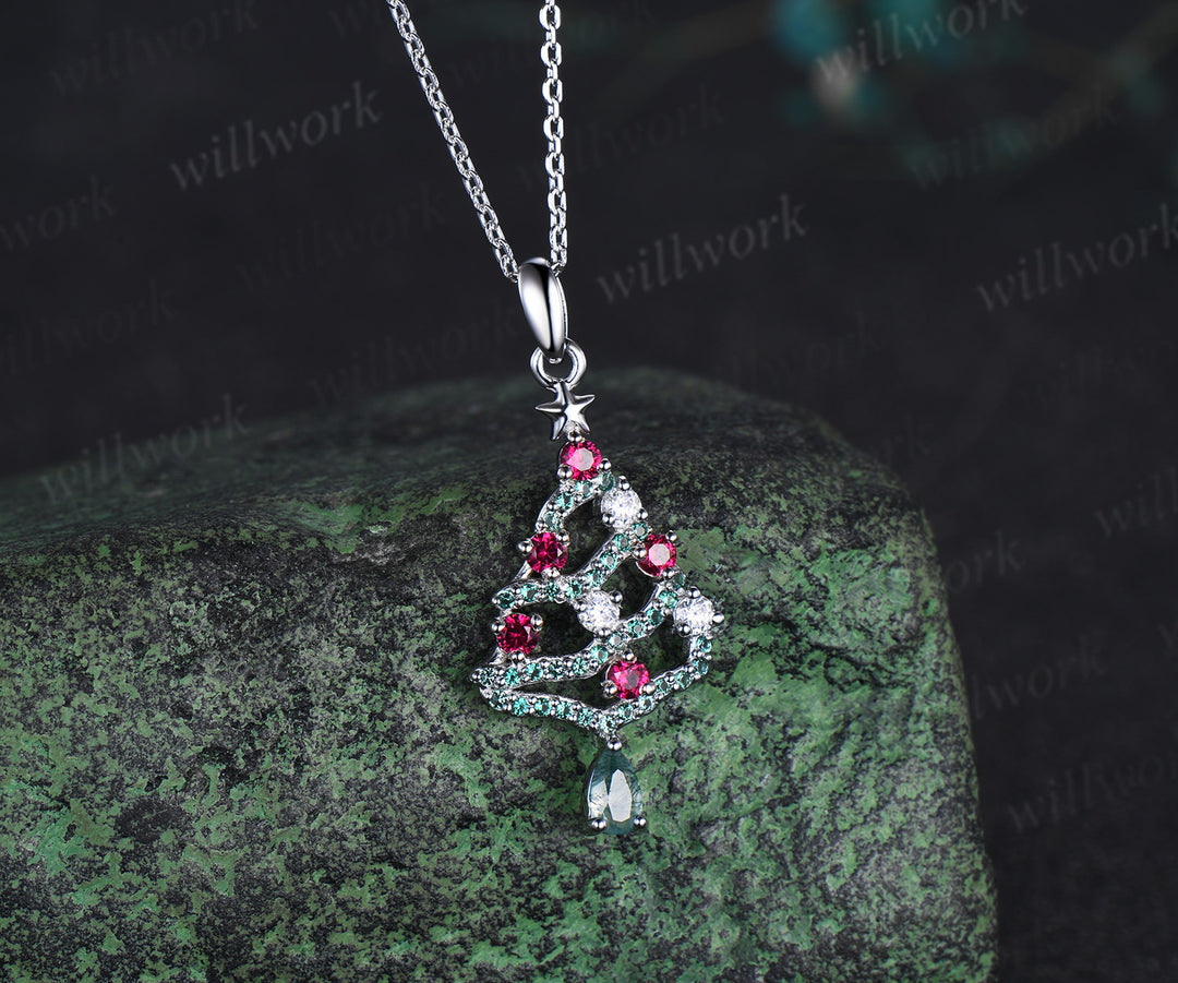 Pear Cut Alexandrite Necklace Ruby Emerald Moissanite Christmas Tree Pendant Xmas Gift for Women