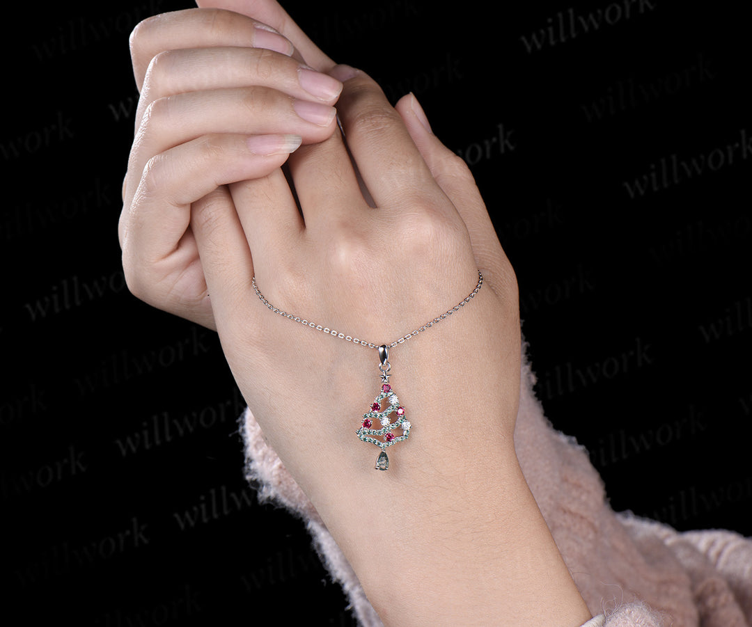 Pear Cut Alexandrite Necklace Ruby Emerald Moissanite Christmas Tree Pendant Xmas Gift for Women