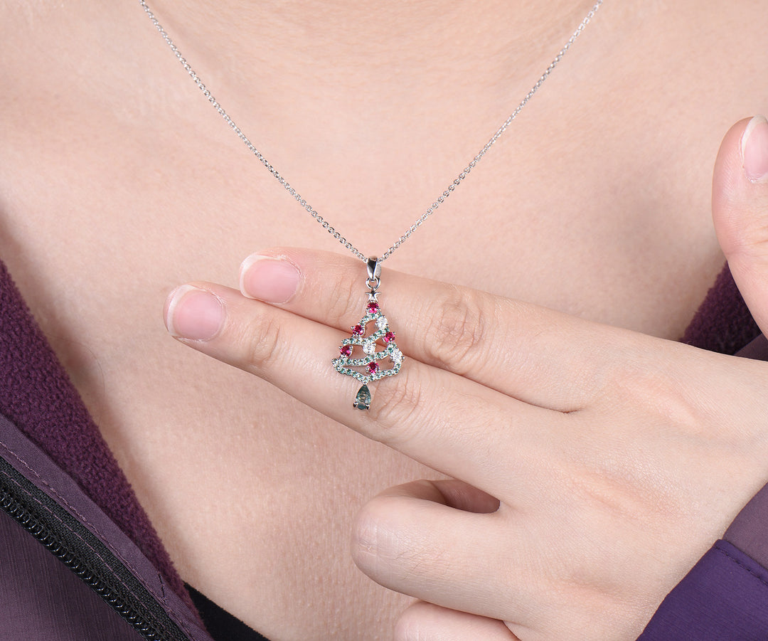 Pear Cut Alexandrite Necklace Ruby Emerald Moissanite Christmas Tree Pendant Xmas Gift for Women