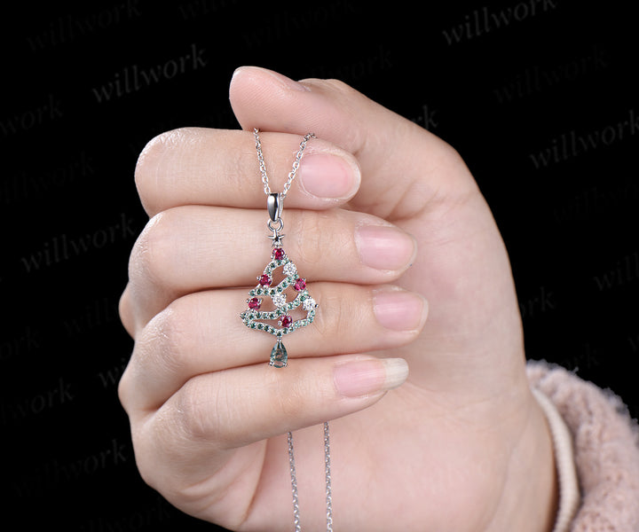 Pear Cut Alexandrite Necklace Ruby Emerald Moissanite Christmas Tree Pendant Xmas Gift for Women