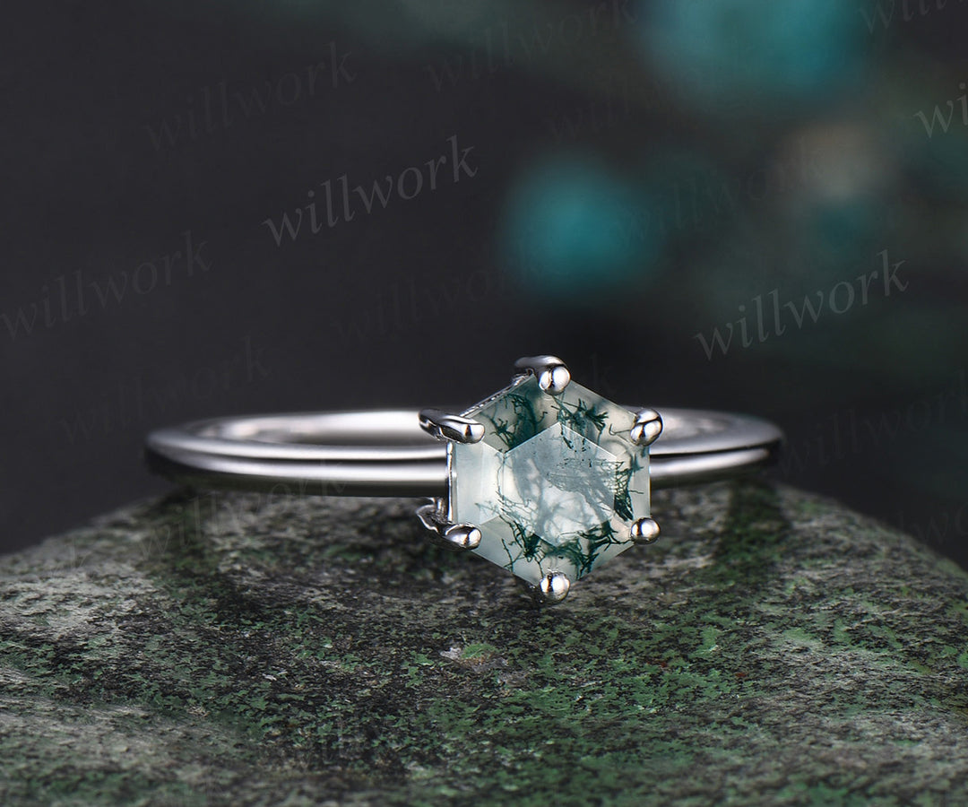 Hexagon cut natural moss agate Solitaire engagement ring women 6 prong Minimalist solid 14k 18k wedding ring gift