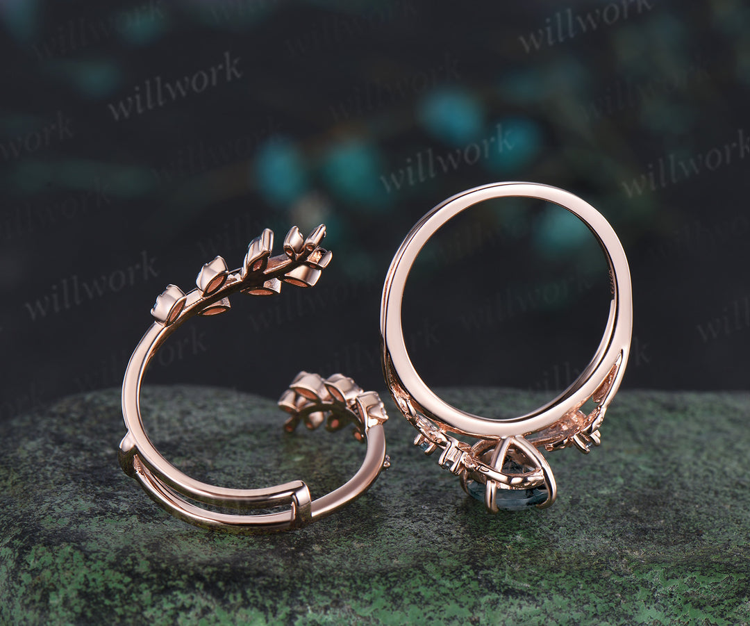 Oval cut emerald engagement ring rose gold leaf five stone alexandrite wedding band enhancer women antique promise bridal ring set gift