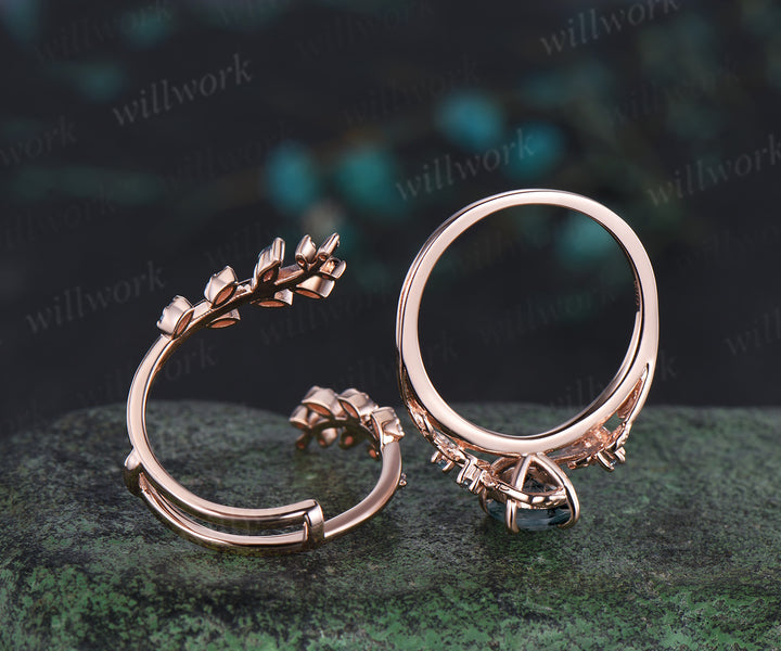 Oval cut emerald engagement ring rose gold leaf five stone alexandrite wedding band enhancer women antique promise bridal ring set gift