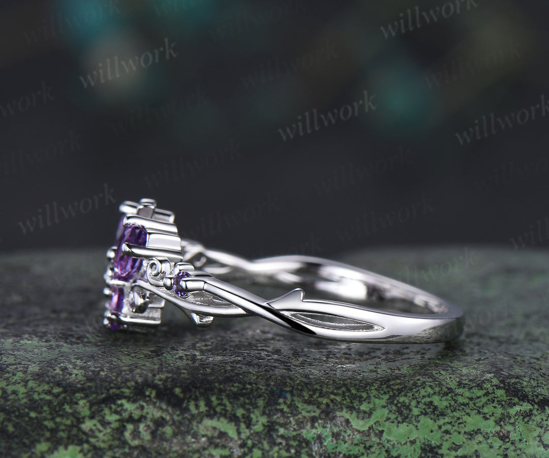 Butterfly Amethyst Engagement Ring solid 14k white gold February birthstone branch wedding ring women jewelry