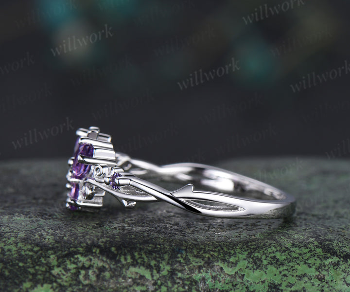 Butterfly Amethyst Engagement Ring solid 14k white gold February birthstone branch wedding ring women jewelry
