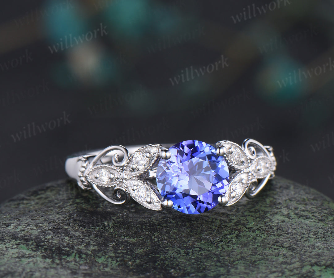 6.5mm Round Blue Tanzanite engagement ring-solid 14k white gold-diamond wedding ring-tanzanite ring wedding ring-Floral art deco ring