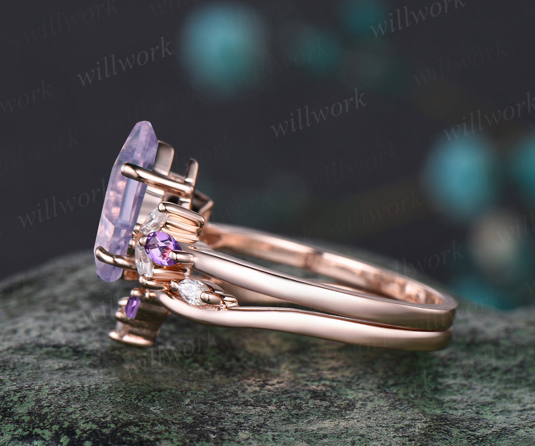 Kite cut Lavender amethyst ring set vintage opal moissanite cluster engagement ring curved matching band bridal set gifts